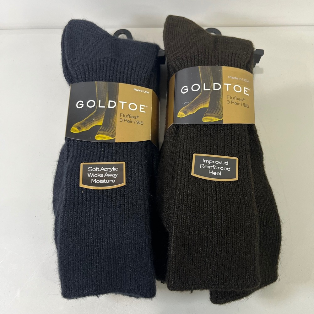 NEW Vtg Gold Toe Fluffies Crew Socks Men 10-13 Navy Brown 6 Pair USA Made Soft